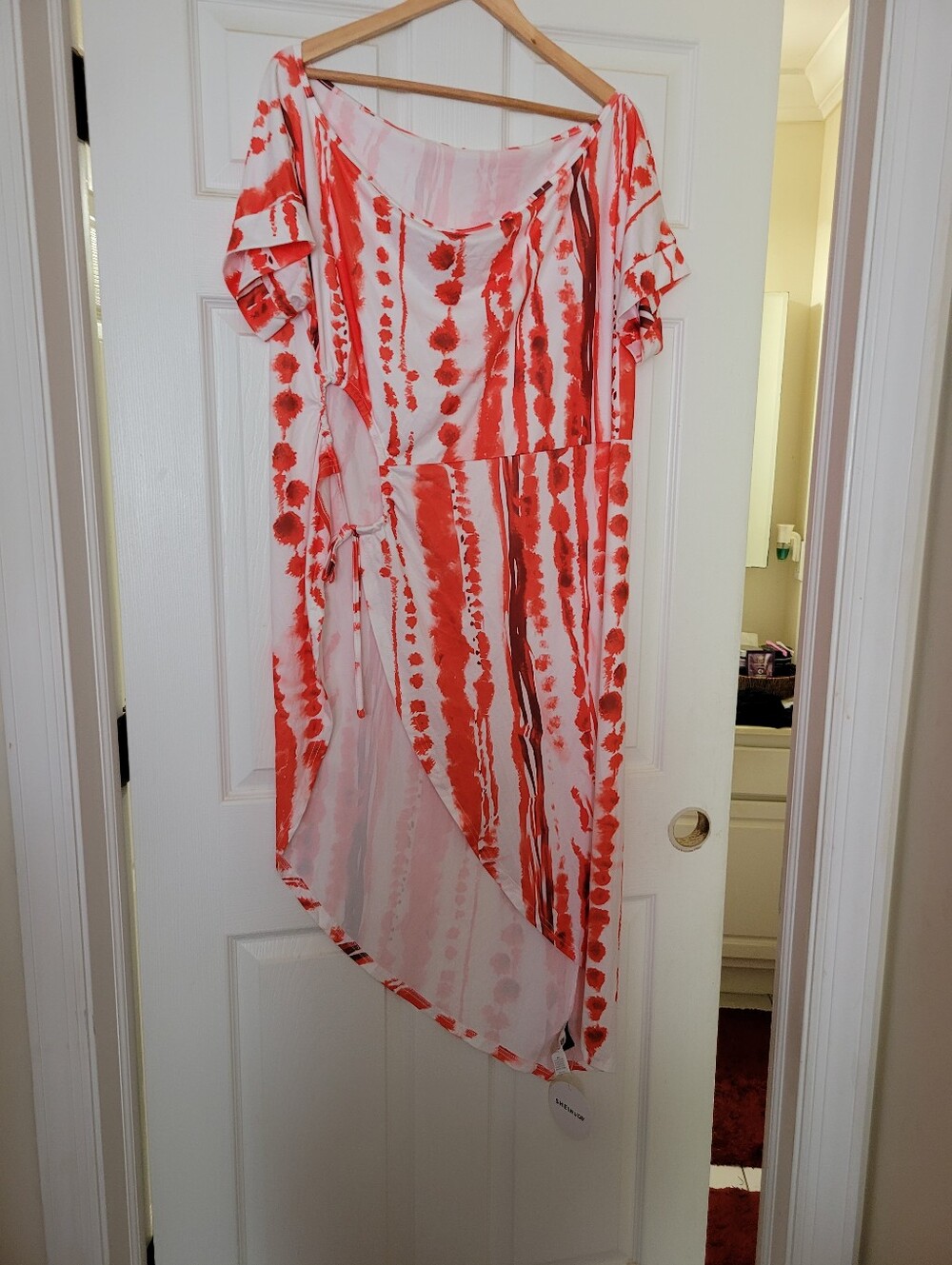 SHEIN White and Orange Tie-Dye Asymmetrical Wrap Top.